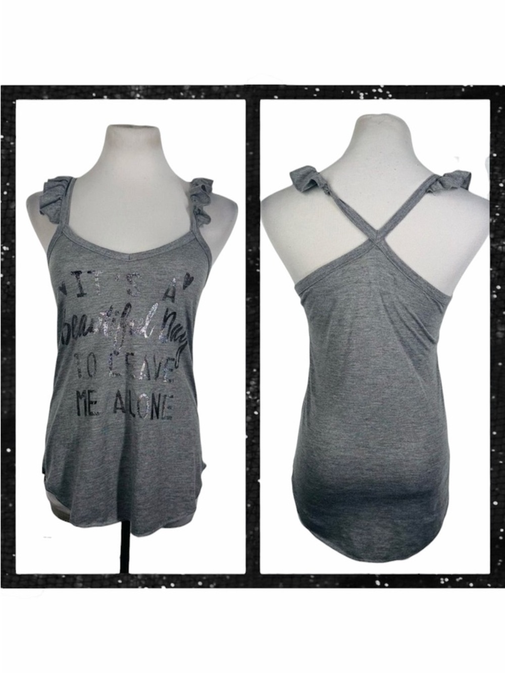 10/$25🦋 Fifth Sun Gray Ruffle GREAT DAY TO LEAVE ME ALONE Graphic Tank - Small